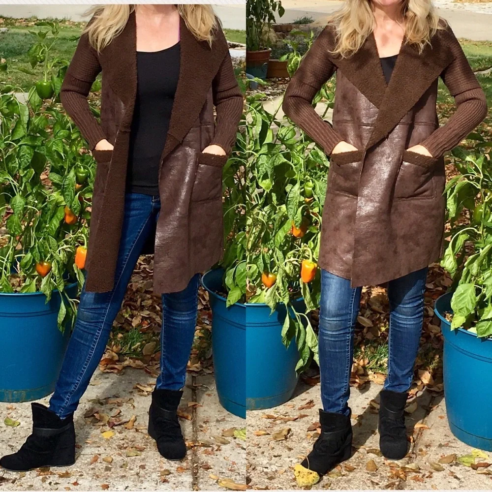 NWT Sweater Coat Pockets Faux Leather Sherpa Brown tones Sweater Back xs/sm